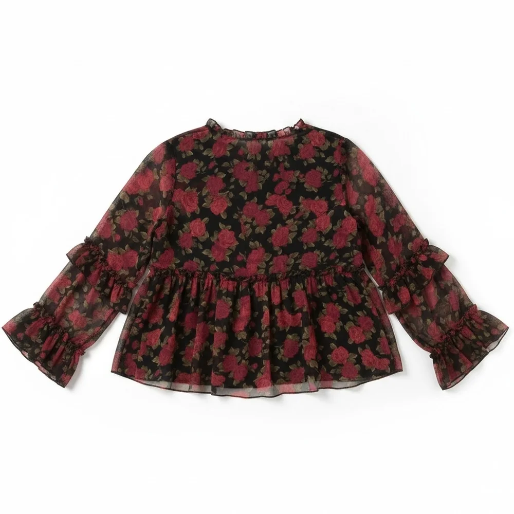 American Eagle Sheer Black & Red Floral Ruffle Peplum Top | Size L
